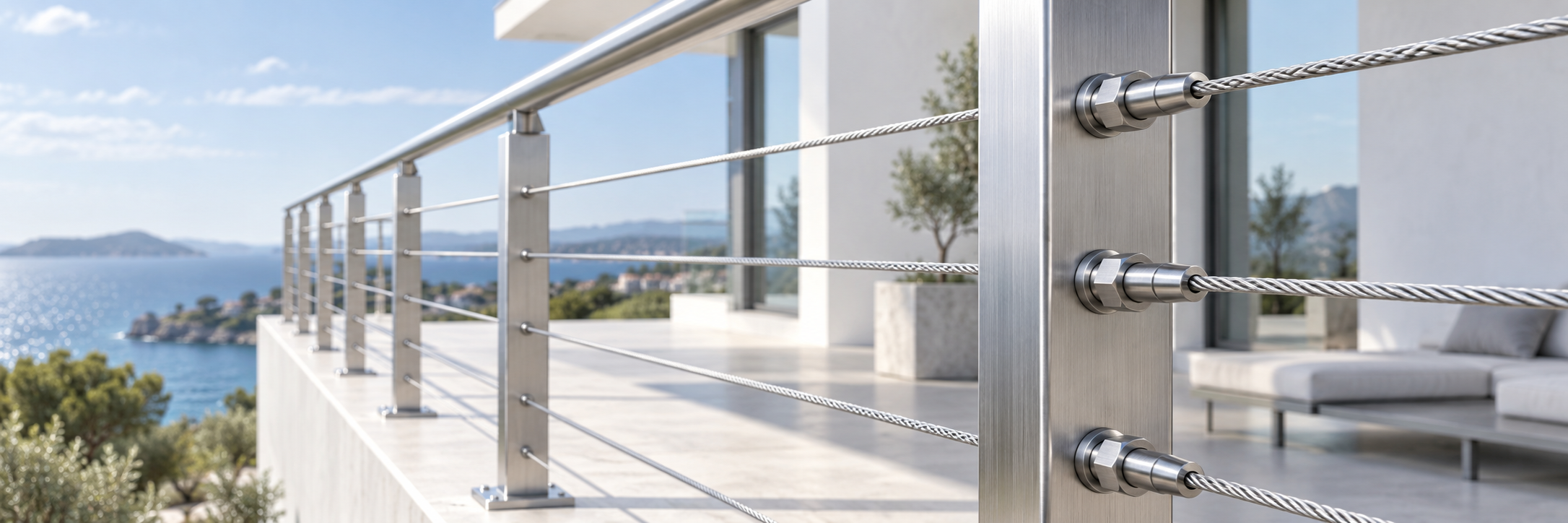 Stalowe linki jako wypełnienie balustrady tarasu